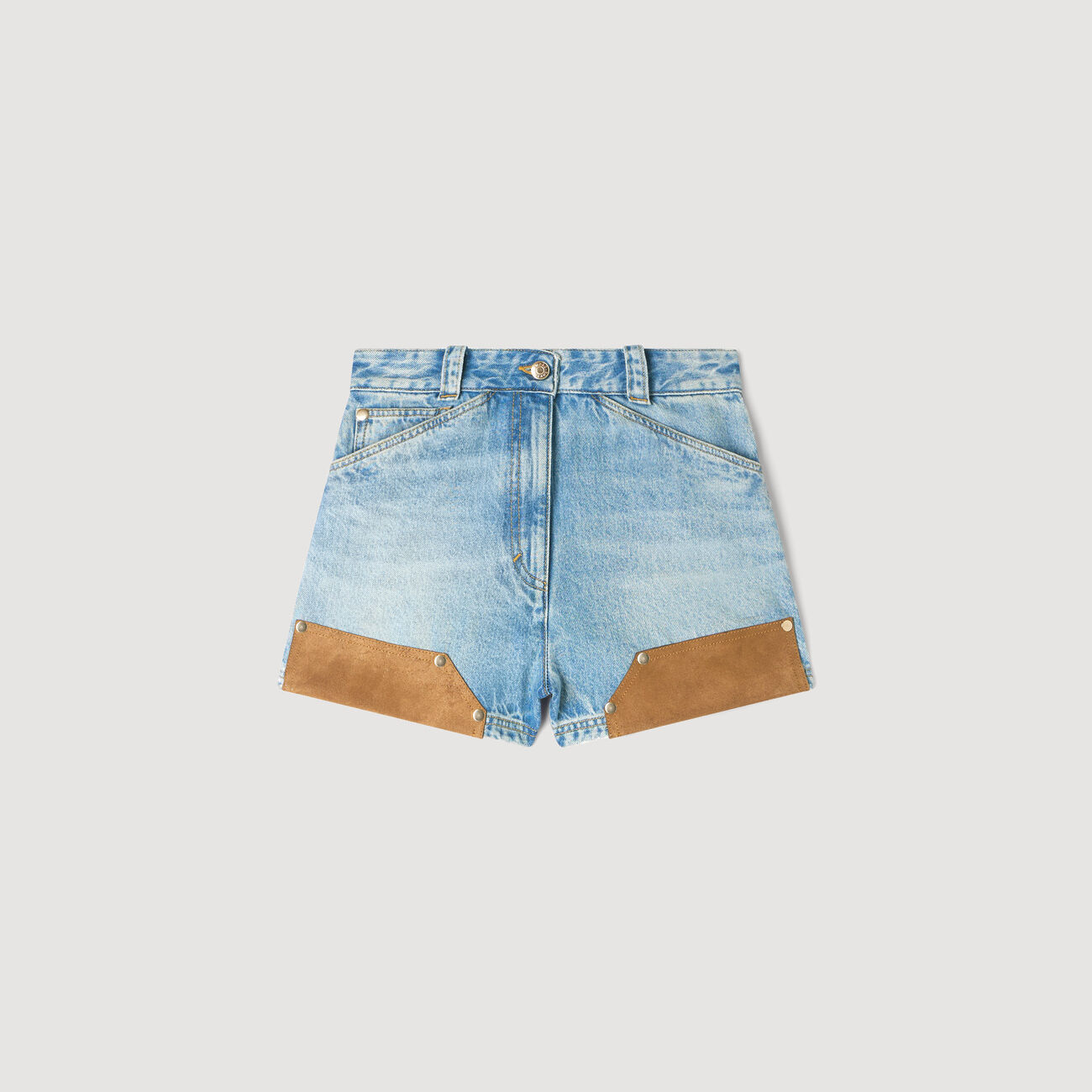 Shorts in denim e suede con rivetti